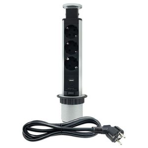 ME-PN-1203-USB/S-3 1.8m srebrno-crna POPUP nameštajska Priključnica trostruka + USB Tip-A+Tip-C 5V 2.1A 10W, 16A 250V-3600W 3x1.5mm2