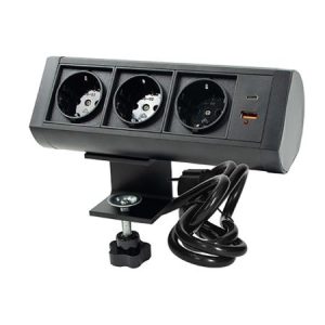 ME-PN-1218-UBS/S-3 1.5m crna nameštajska Priključnica sa držačem trostruka + USB Tip-A+Tip-C 5V 2.1A 10W, 16A 250V-3600W 3x1.5mm2