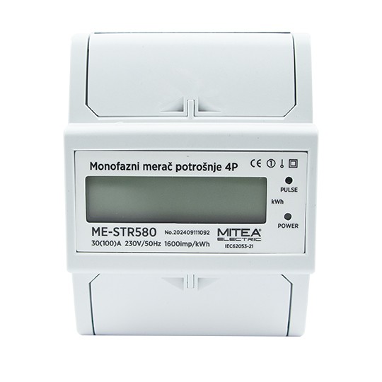 ME-STR580 100A monofazni merač potrošnje (strujomer) za DIN šinu 4P 1600imp/kWh 230V Mitea Electric